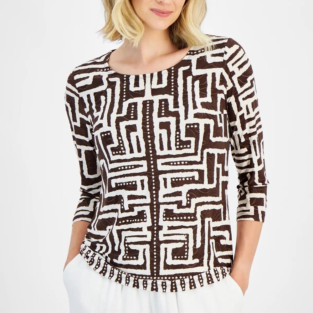 JM Collection Women's Printed Scoop Neck 3/4-Sleeve Jacquard Knit Top - NWT Sz L